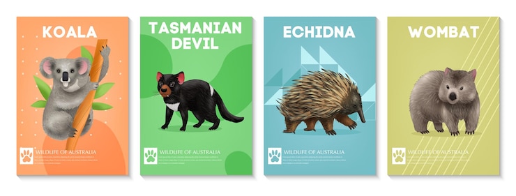 Vector gratuito conjunto de cuatro carteles verticales con imágenes de animales australianos salvajes fondos abstractos e ilustración vectorial de texto editable