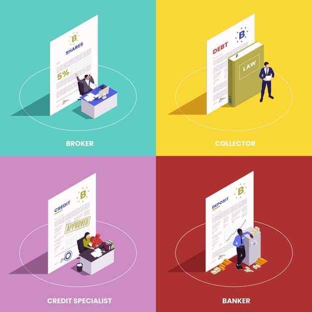 Conjunto con cuatro composiciones cuadradas aisladas con texto editable e imágenes de diferentes contratos con ilustraciones de vectores de empleados