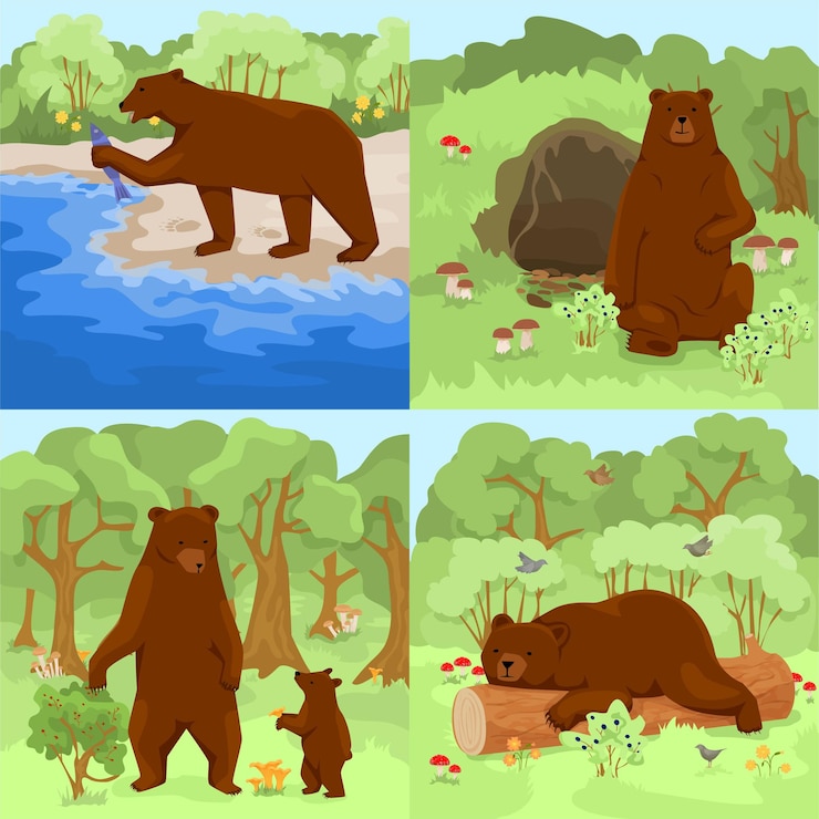 Vector gratuito conjunto con cuatro composiciones cuadradas con paisajes forestales al aire libre y osos grizzly marrones en su ilustración de vector de hábitat
