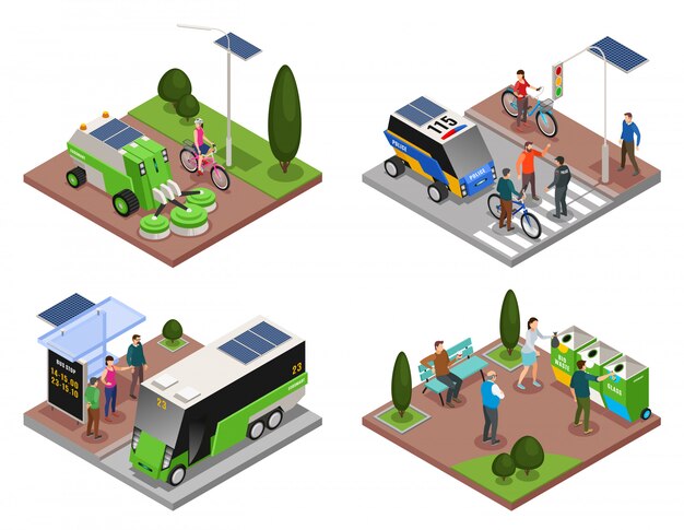 Conjunto de cuatro composiciones isométricas 4x1 de ecología urbana inteligente con vehículos eléctricos, contenedores de basura y personas