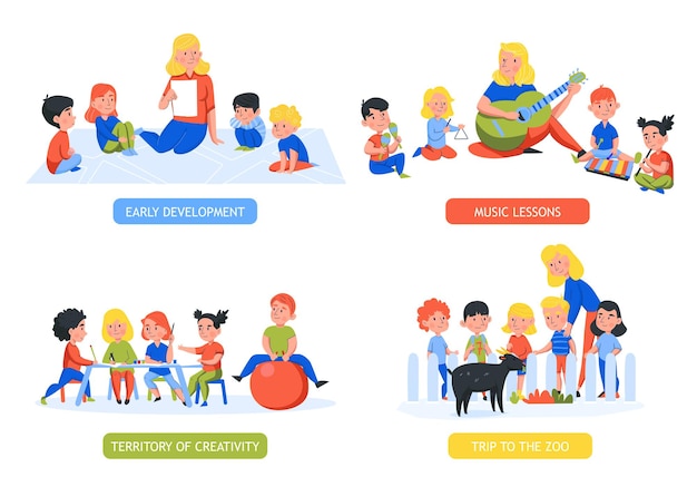 Conjunto de cuatro composiciones de jardín de infantes aisladas con texto editable y personajes humanos de niños con maestros