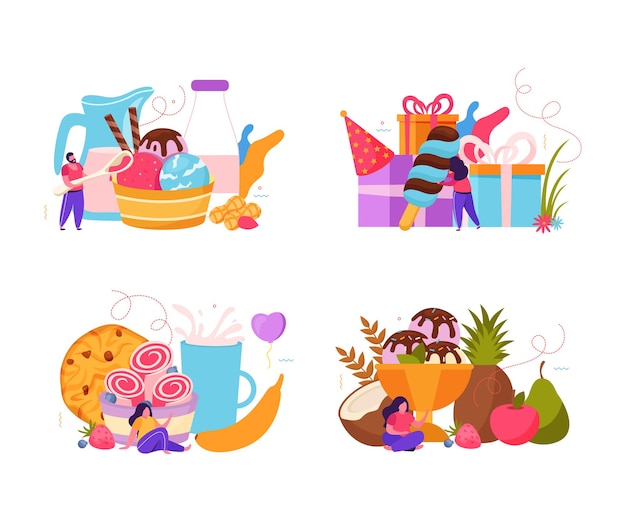 Conjunto de cuatro composiciones planas con barra de helado, bocadillos, bebidas de frutas, cajas de regalo y otras delicias navideñas, ilustración aislada