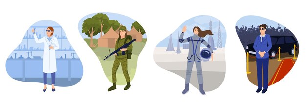 Conjunto de cuatro composiciones planas de profesiones de mujeres aisladas con astronauta científico soldado y personajes de guardaespaldas ilustración vectorial