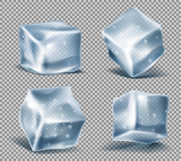 conjunto de cuatro cubos de hielo azul realista con gotas de agua, bloques fríos, congelados