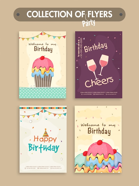 Vector gratuito conjunto de cuatro folletos de la fiesta de cumpleaños o diseño de tarjetas de invitación