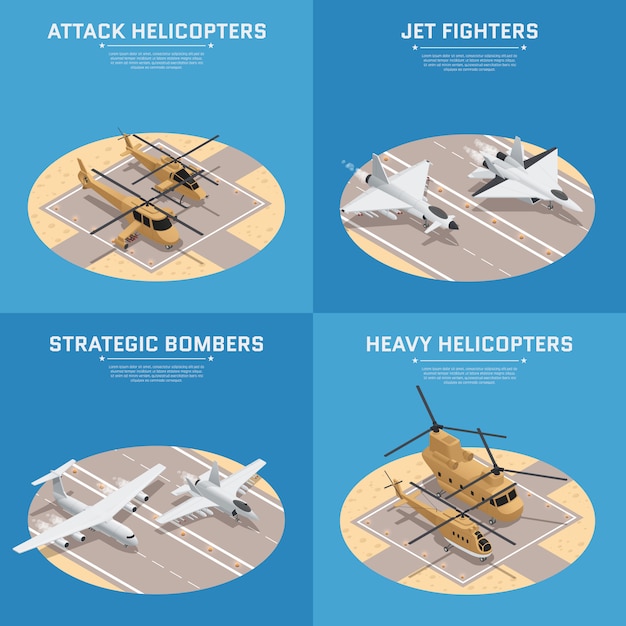 Conjunto de cuatro iconos isométricos de la fuerza aérea militar isométrica