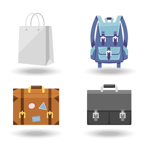 Conjunto de cuatro ilustraciones vectoriales de equipaje con un portador de papel blanco o una maleta con bolsa de compras con etiquetas maletín y mochila o mochila