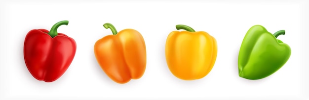 Conjunto con cuatro imágenes aisladas de coloridas frutas maduras de verduras picantes con sombras en la ilustración de vector de fondo en blanco