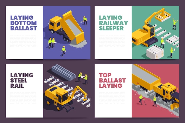 Vector gratuito conjunto de cuatro pancartas horizontales aisladas con vías de ferrocarril isométricas que colocan vehículos de construcción máquinas de equipos ferroviarios ilustración vectorial