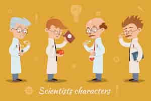 Vector gratuito conjunto de cuatro personajes de vector científico con gafas y batas de laboratorio y sosteniendo libros, cristalería de laboratorio o equipos que abarcan diferentes edades, todos los hombres
