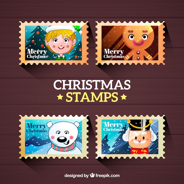 Vector gratuito conjunto de cuatro sellos de navidad con personajes navideños