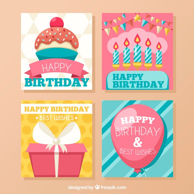 Conjunto de cuatro tarjetas de cumpleaños coloridas en diseño plano