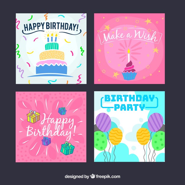 Conjunto de cuatro tarjetas de cumpleaños coloridas en diseño plano