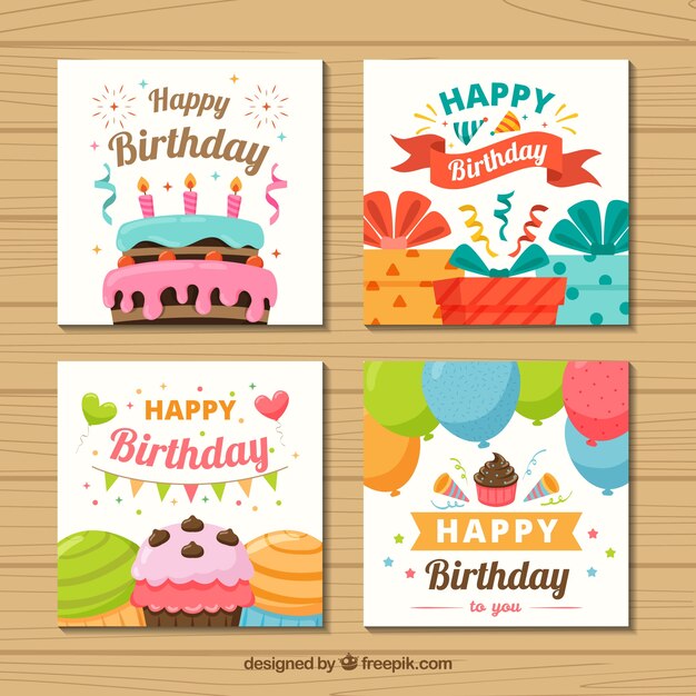 Conjunto de cuatro tarjetas de cumpleaños coloridas en diseño plano