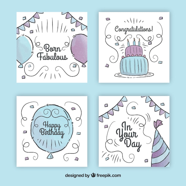 Conjunto de cuatro tarjetas de cumpleaños cuadradas dibujadas a mano