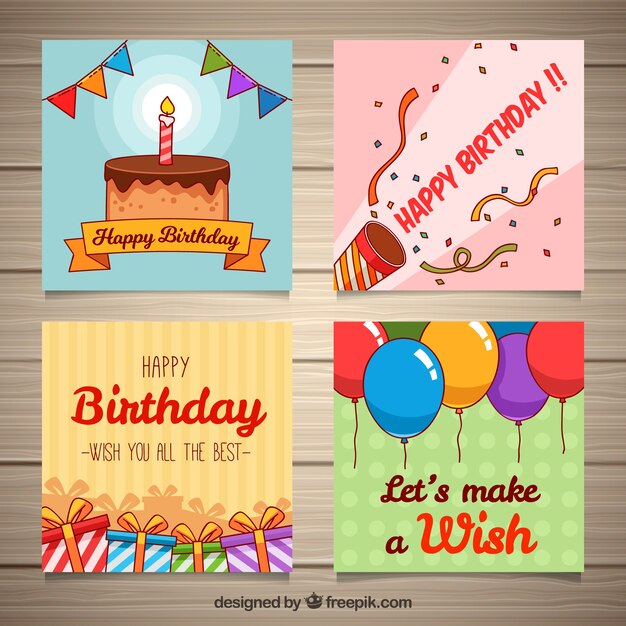 Conjunto de cuatro tarjetas de cumpleaños dibujadas a mano