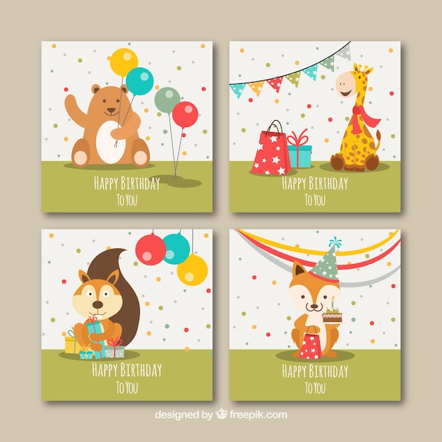 Conjunto de cuatro tarjetas de cumpleaños planas con animales