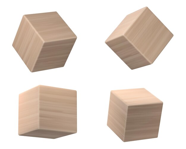 Conjunto de cubos de madera 3D aislados sobre fondo blanco Ilustración vectorial realista de bloques cúbicos hechos de madera natural con textura de roble Maqueta de juguete infantil para la educación Edificio de ladrillo vista lateral