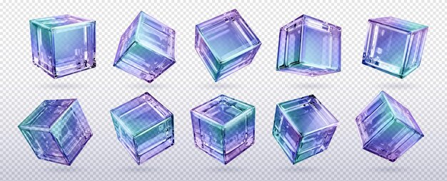 Conjunto de cubos de vidrio holográficos 3D aislados en fondo transparente Vector ilustración realista de bloques de cristal ángulo y vista lateral piezas de hielo cuadradas con elemento de decoración de superficie iridiscente