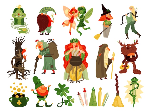 Vector gratuito conjunto de cuento de hadas de personajes de dibujos animados de mitología y folklore que viven en el bosque