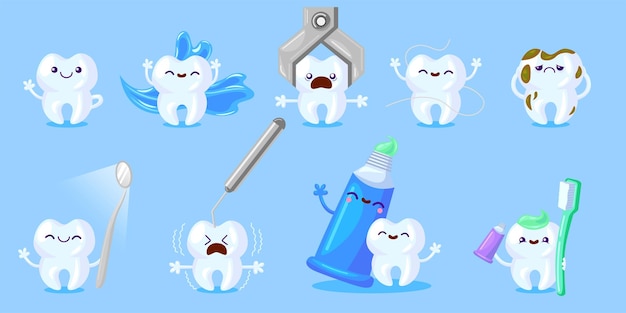 Vector gratuito conjunto de cuidado de dientes de dibujos animados