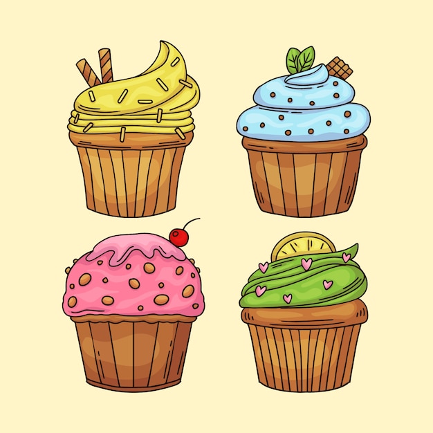 Vector gratuito conjunto de cupcakes dibujados a mano