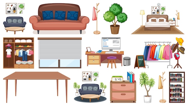 Vector gratuito conjunto de decoración y mobiliario interior