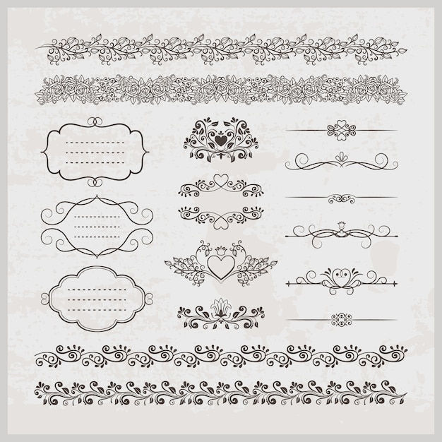 Vector gratuito conjunto de decoración de página de vector vintage caligráfico elegante elegante bordes marcos y corazones con elementos florales