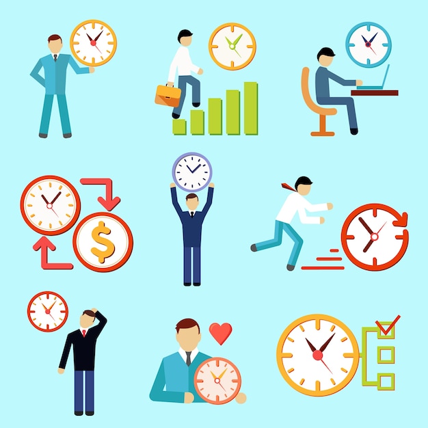Conjunto decorativo de iconos de tiempo de gestión plana con la ilustración vectorial de personas que trabajan