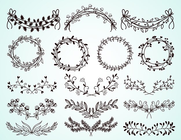 Conjunto de delicados bordes florales y foliados dibujados a mano en blanco y negro y guirnaldas para elementos de diseño decorativo en tarjetas de felicitación