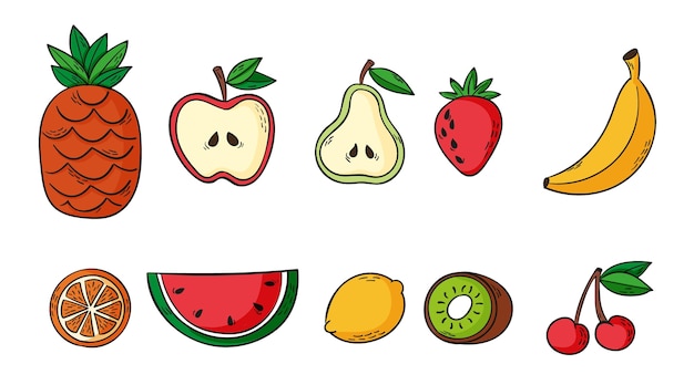 Conjunto de deliciosas frutas dibujadas a mano