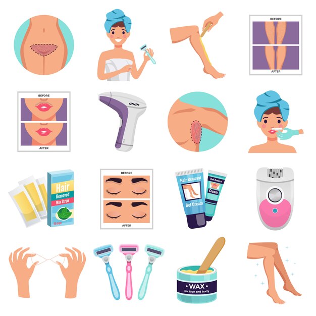 Conjunto de depilación con cera y depiladora ilustración de vector plano aislado
