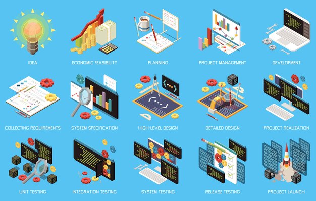 Conjunto de desarrollo de software modelo V con composiciones aisladas de iconos isométricos elementos infográficos y subtítulos de texto ilustración vectorial