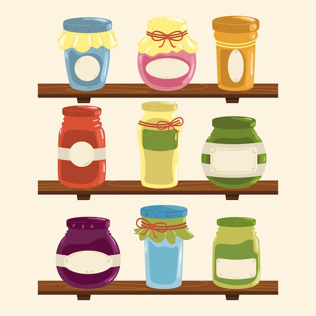 Conjunto de despensa dibujada a mano con diferentes alimentos.