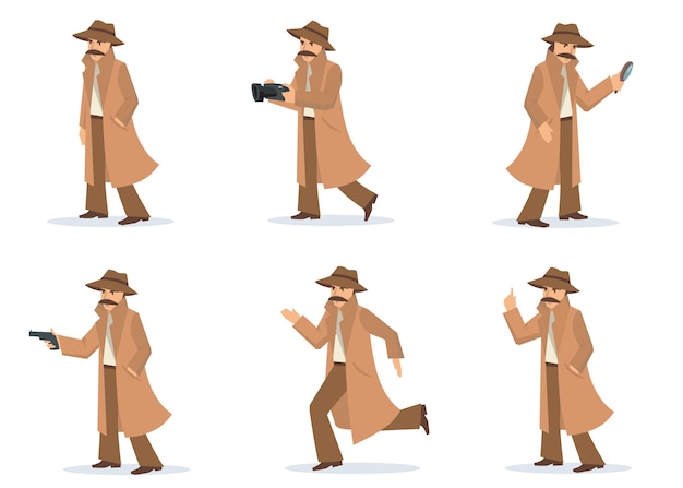 Conjunto de detective privado. Investigador en diferentes acciones y poses, inspector con bigote con abrigo y sombrero, tomando fotografías, apuntando con pistola. Para investigación, sombra, misterio.