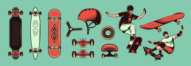 Conjunto dibujado a mano de color de skateboarding con adolescentes montando monopatín y diferentes tipos de equipo deportivo aislado ilustración vectorial
