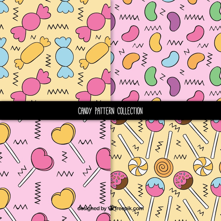 Vector gratuito conjunto dibujado a mano de patrones de caramelos
