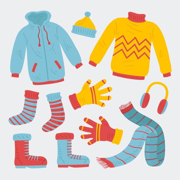 Conjunto dibujado a mano de ropa de invierno y básicos.