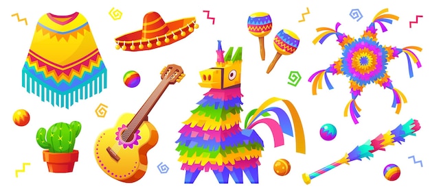 Vector gratuito conjunto de dibujos animados de accesorios de fiesta mexicana