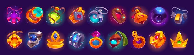 Conjunto de dibujos animados de accesorios de joyería de juego aislados en el fondo Ilustración vectorial de corona de anillo de oro y plata decorada con coloridas piedras preciosas Bruja mago rey medieval tesoro