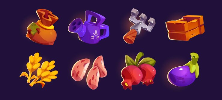 Vector gratuito conjunto de dibujos animados de activos de juego de granja y cosecha aislados en el fondo vector ilustración de saco jardín rastrillo cajón de madera granos granada berenjena herramientas de jardinería frutas y verduras