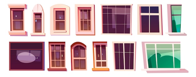 Conjunto de dibujos animados aislados de ventana de vidrio de casa vectorial