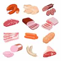 Vector gratuito conjunto de dibujos animados de alimentos de carne fresca.