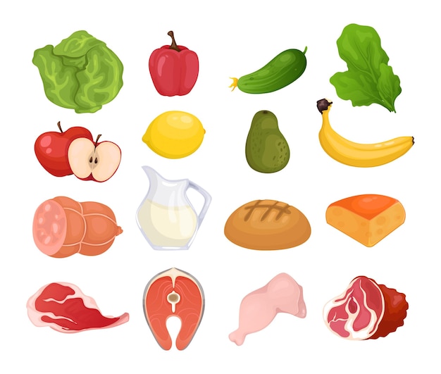 Conjunto de dibujos animados de alimentos frescos de frutas, verduras, carne y leche, productos útiles, ilustración vectorial aislada