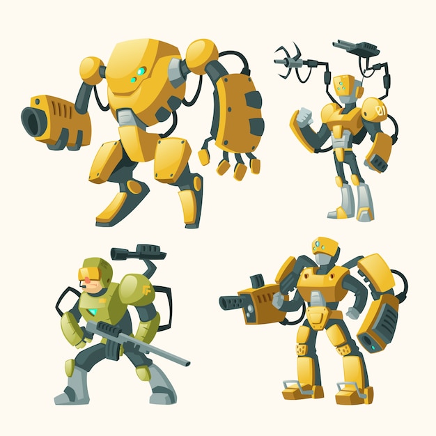 conjunto de dibujos animados con androides, soldados humanos en exoesqueletos de combate robóticos con armas