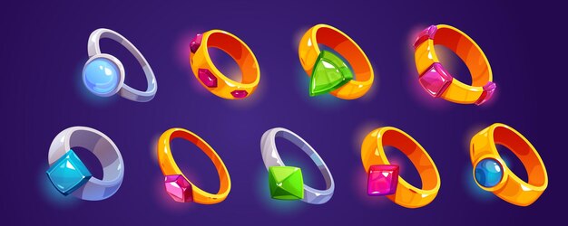 Conjunto de dibujos animados de anillos preciosos aislados en el fondo Ilustración vectorial de joyas de hierro de plata dorada decoradas con piedras preciosas de colores Tesoro real medieval brujería accesorio juego activos