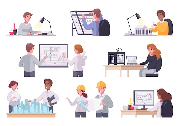 Conjunto de dibujos animados de arquitecto con composiciones aisladas de personas con proyectos en lugares de trabajo en la ilustración de vector de fondo en blanco