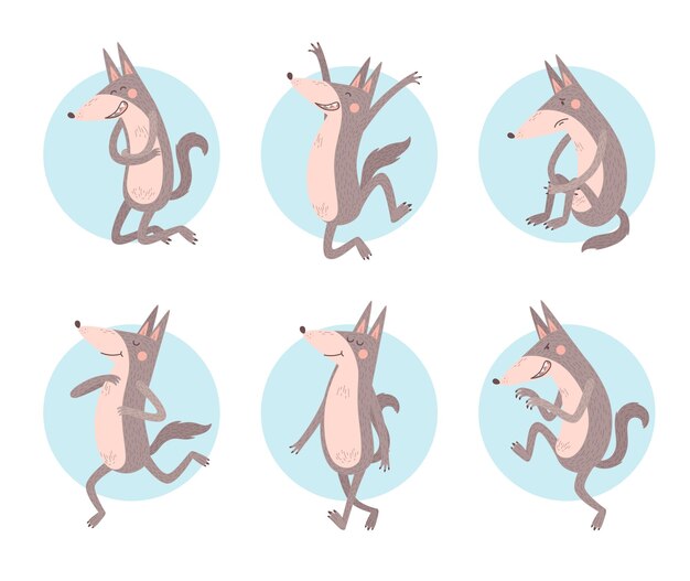 Conjunto de dibujos animados de carácter lobo en diferentes poses ilustración vectorial aislado