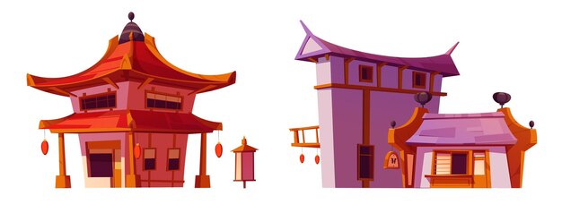 Conjunto de dibujos animados de casas o tiendas chinas en blanco