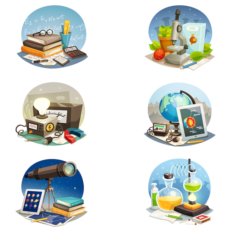 Vector gratuito conjunto de dibujos animados de ciencia